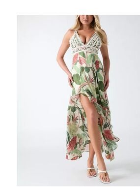 Guess Tropical Leaf High-Low Maxi Dress in Cream, Green & Pink